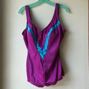 wEUC VTG 80s Purple Swimsuit Teal Turquoise Geometric Size 22W Made in U.S.A